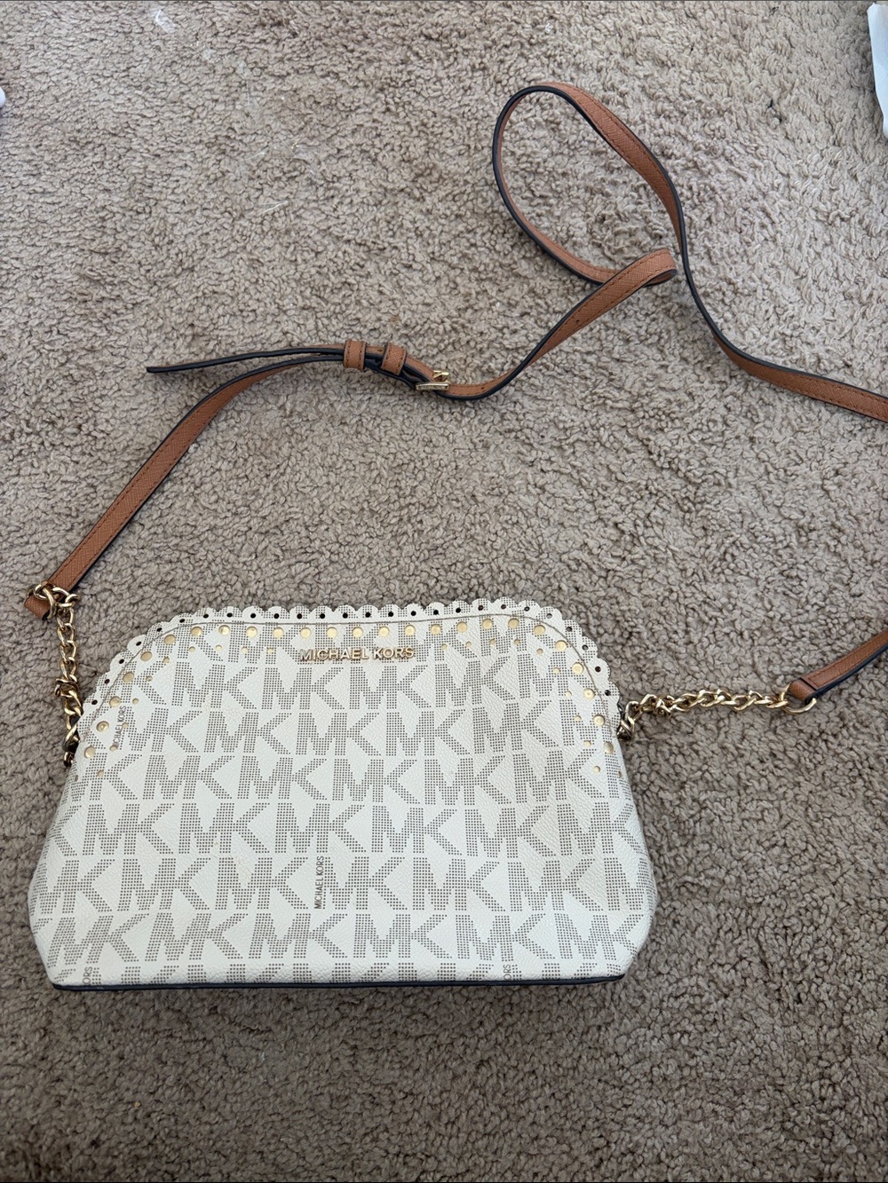 Michael Kors White and Brown Signature MK Crossbody with Gold Hardware